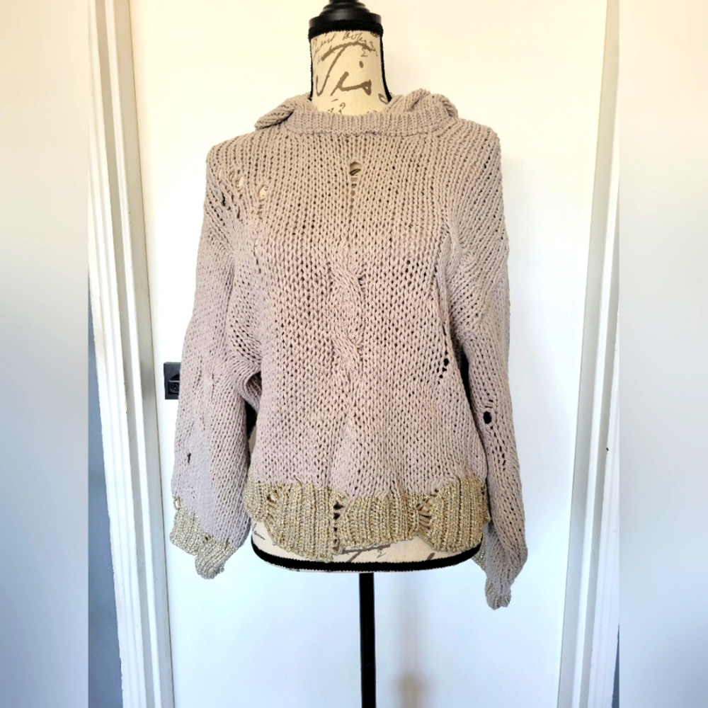 Anthropologie Moth Made in Italy Open Chunky Knit Distressed Hooded Sweater XS